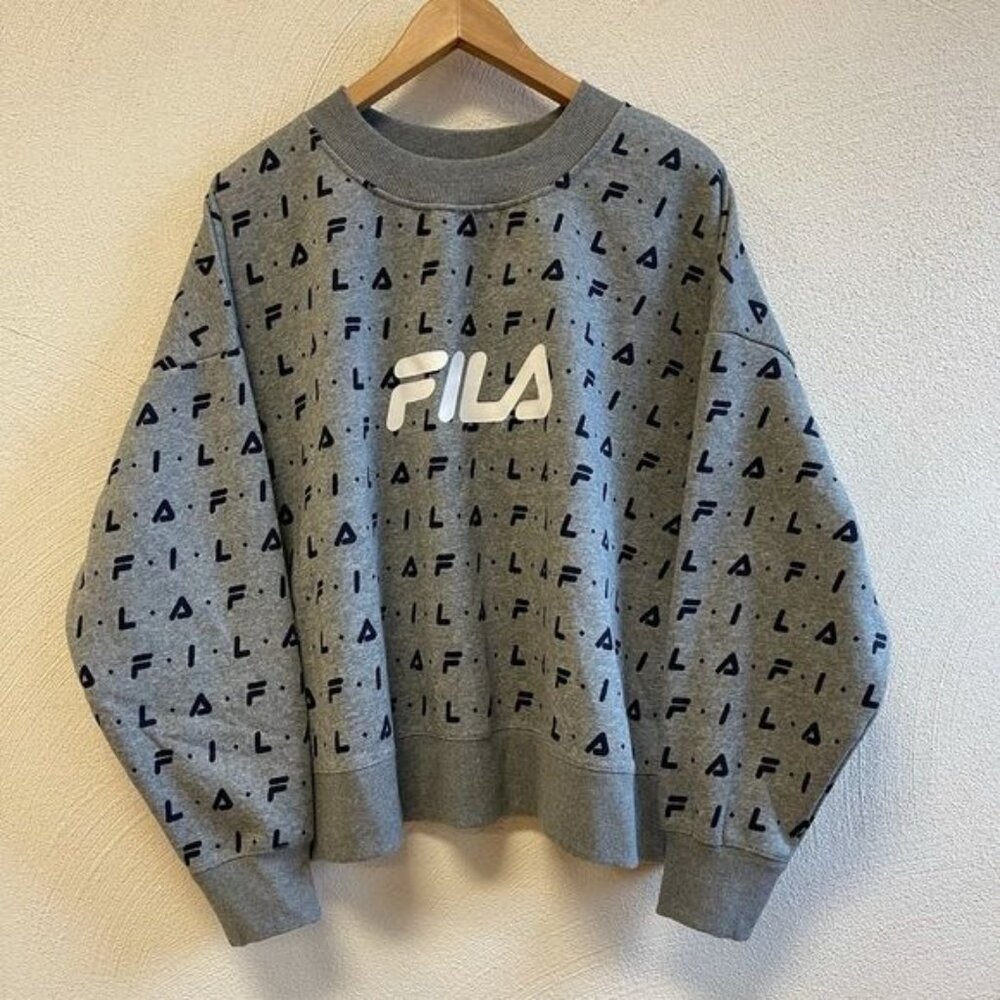 NWT Fila Women’s Gray All Over Logo Print Crew Neck Pullover Sz 3x